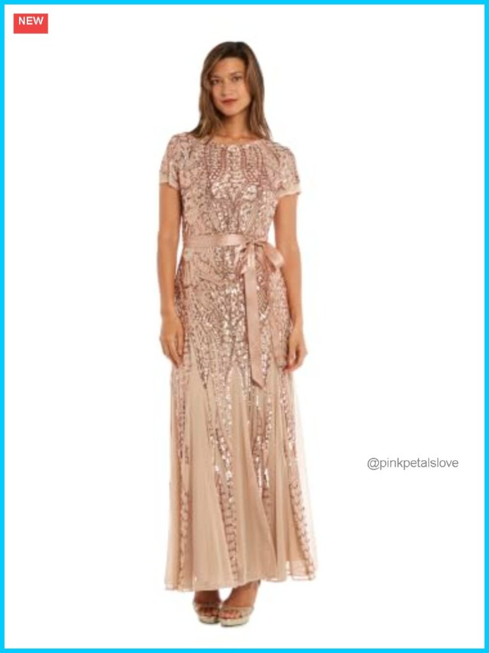 Sequin Power Mesh Godet Dress Short Sleeves Cocktail Evening
